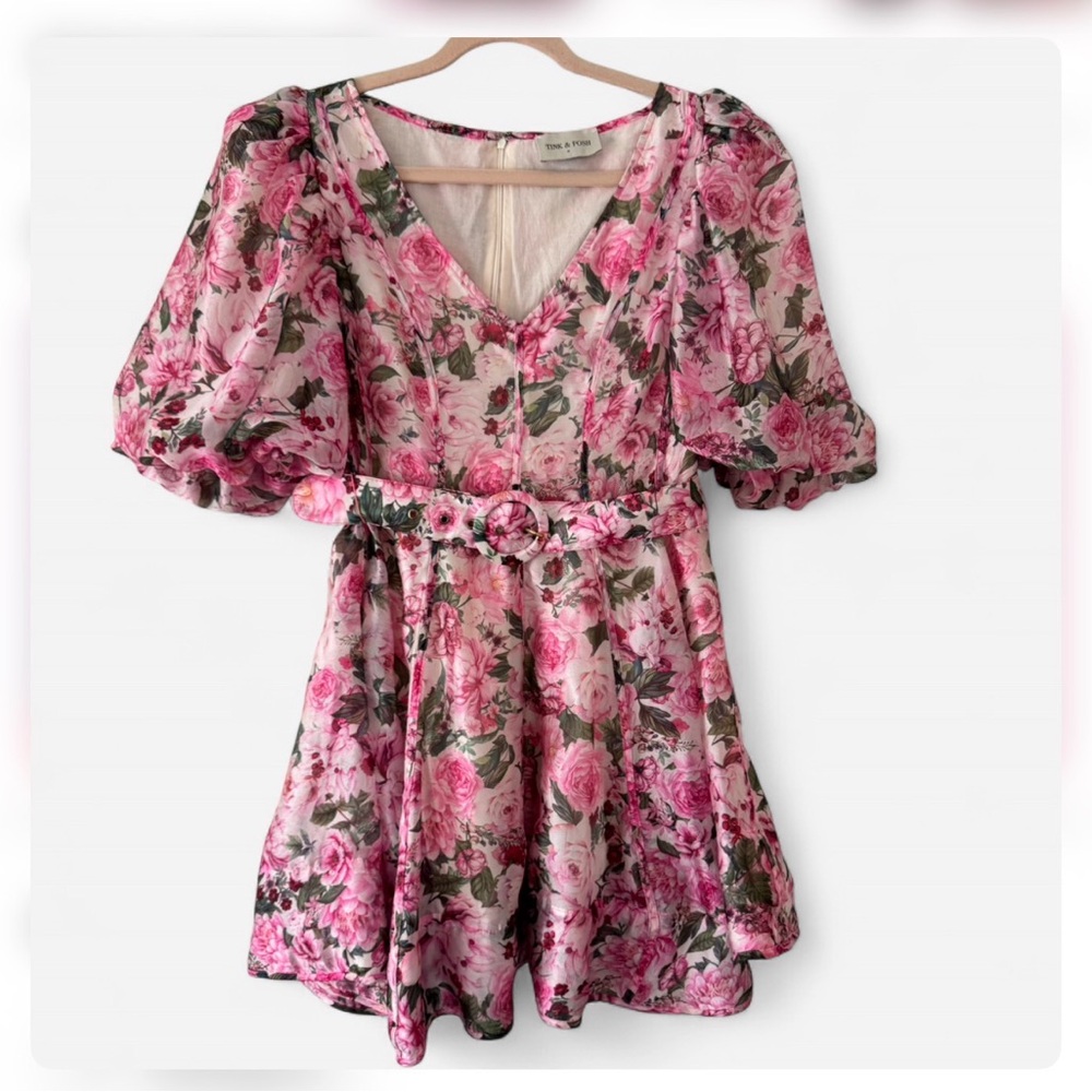 Floral Pink Mini Dress with Puff Sleeves
